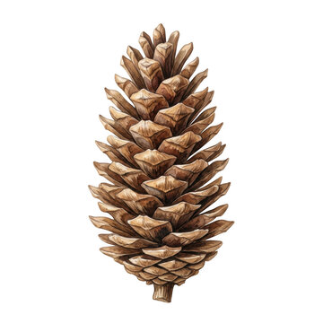 A detailed brown pine cone illustration painted in watercolor style presented as isolated on transparent background