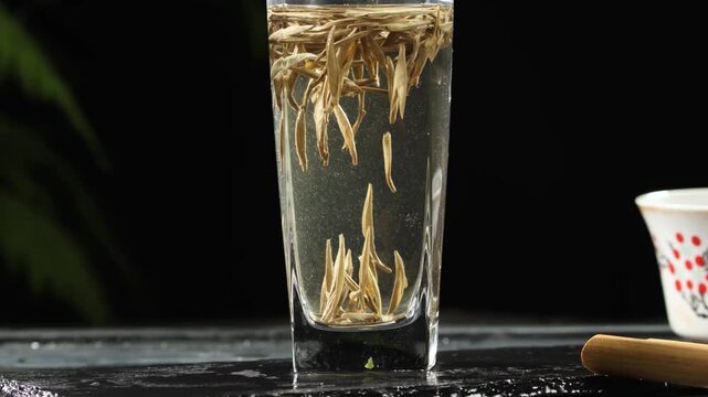White tea leaves floating in a clear glass of water moody dark background