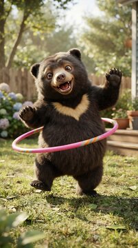 Cheerful sun bear cub playing with colorful hula hoop in sunny garden setting