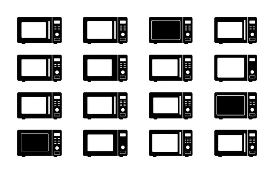 Set of sixteen black silhouette microwave oven icons for kitchen appliances and culinary equipment UI design
