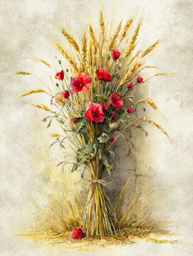 Vintage Botanical Bouquet of Red Carnations and Wheat on Rustic Paper. AI generative.