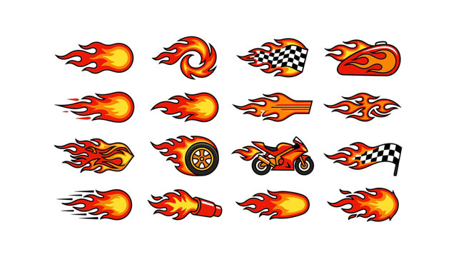 Set of colorful cartoon fire flame icons and speed symbols with racing motorcycle and checkered flag elements for fast motion design projects Vector
