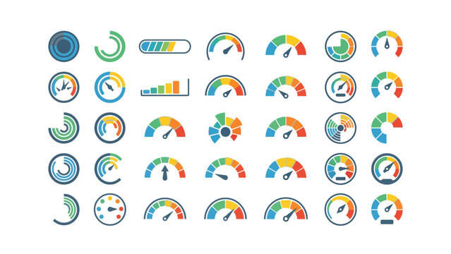 Set of colorful gauge and speedometer icons for data visualization