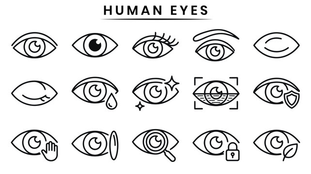 Set of hand drawn human eye icons representing vision and various optical health concepts