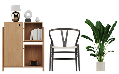 Isolated PNG Japandi Front View Storage Furniture Layout with Wooden Cabinet, Wishbone Chair, Indoor Plant and Table Lamp, Natural Shadows © Tuyet