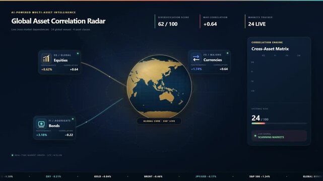 Global Portfolio Dashboard Animation Connects Assets Around a Rotating Globe