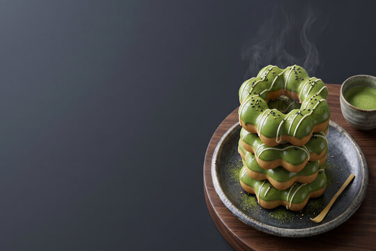 Matcha mochi donuts stack on a plate with a tea cup and spoon, a dark background, and copy space