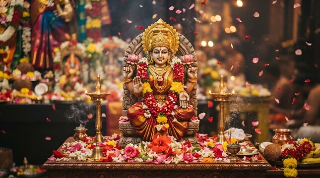 Kali Puja in Kolkata, altar of Goddess Kali decorated with sparkling lights and bright flower petals, devotees pray fervently under candle light, Ai generated images