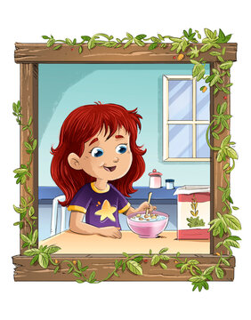 Little girl having breakfast in the kitchen scene from her window, children's illustration