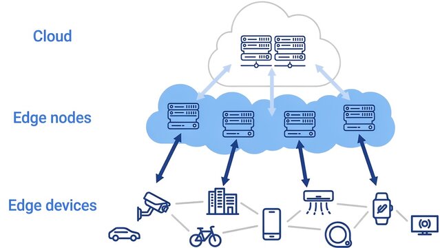 Cloud Computing Network Architecture Diagram with Edge Nodes and Connected Edge Devices