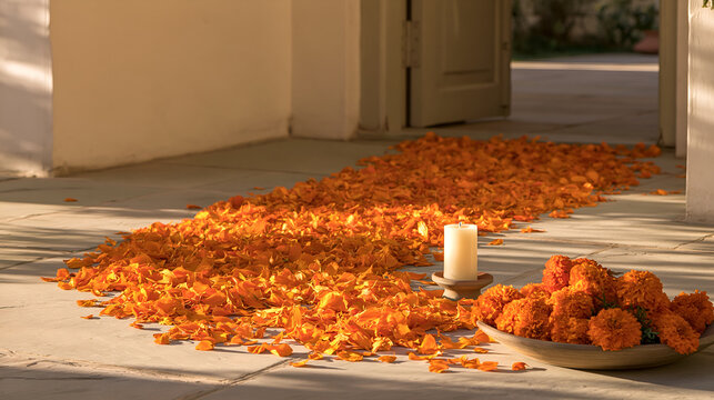 Path of marigold petals leading to a doorway on pale stone