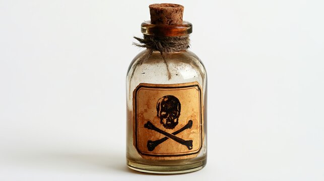 Skull and crossbones mark a glass bottle. This image illustrates old science ideas like poisons and medicines, covering topics from chemistry to health.