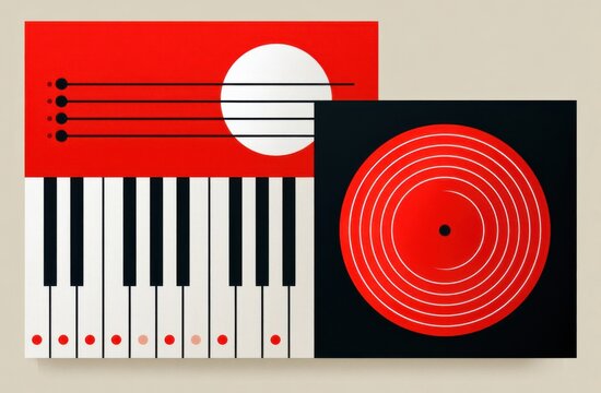 Minimalist music collage with piano keys and vinyl record in bold red and black