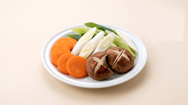a precise vegetable assortment for nabe hot pot round slices of carrot, diagonal cuts of negi leek, and quartered shiitake mushrooms 