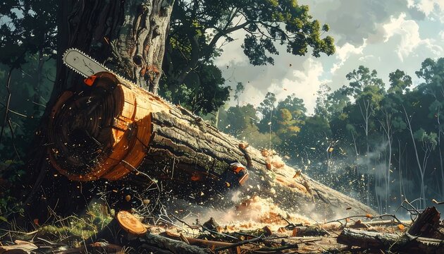 Large Tree Being Cut Down by Professional Logger Using Chainsaw in Dense Forest Environment