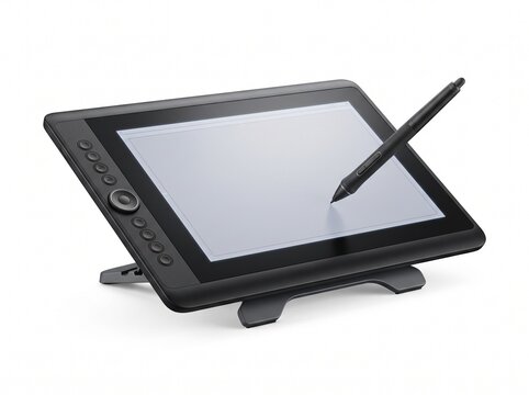 Sleek professional graphics tablet and precision stylus pen, poised for digital drawing, illustration, and creative design work on its interactive display