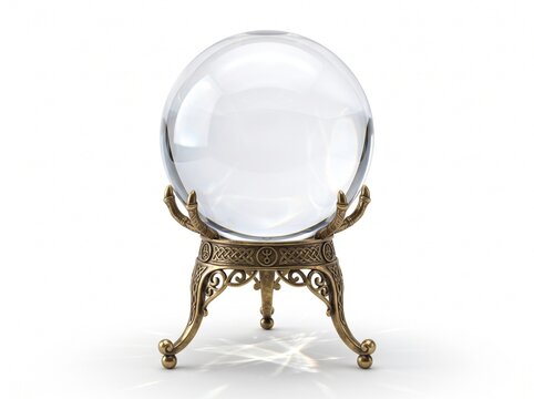 Glistening clear crystal ball perched elegantly on an antique ornate brass stand, a powerful symbol of foresight, destiny, and the mysterious unfolding future