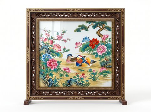 Traditional Chinese double-sided embroidery desk screen with mandarin ducks and flowers in carved wooden frame