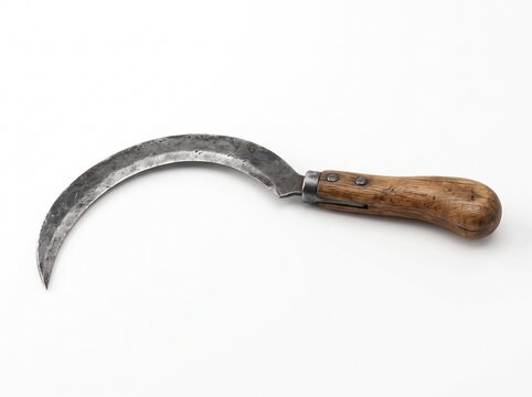 An old curved steel sickle with a wooden handle isolated against a plain white background, representing traditional harvesting and agriculture