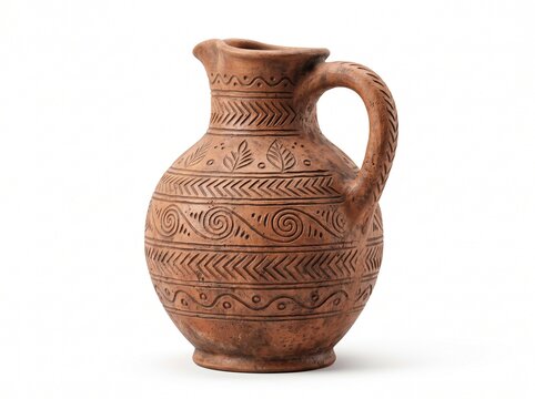 A traditional terracotta jug with intricate carved patterns, showcasing ancient artistry and rustic charm