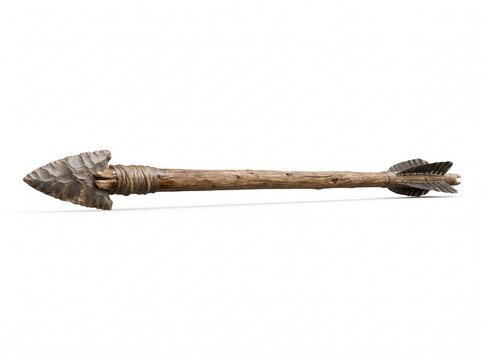 Ancient handmade arrow with stone arrowhead isolated on white background
