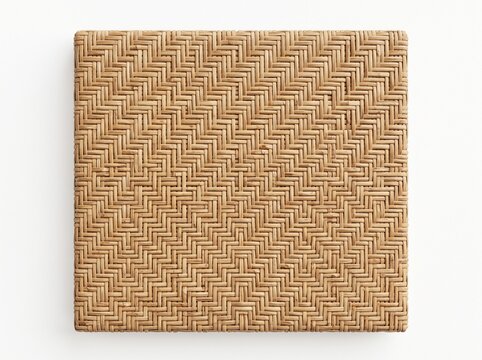 Top view of natural square woven wicker mat texture with herringbone pattern isolated on white background