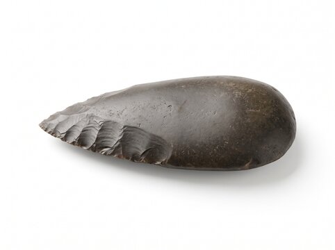 An ancient, dark stone implement, meticulously shaped by early humans, embodying the essence of primitive technology and human ingenuity from prehistoric times