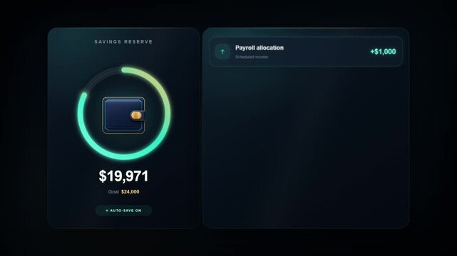 Savings Dashboard Animation Fills Reserve Goal and Lists Financial Transactions