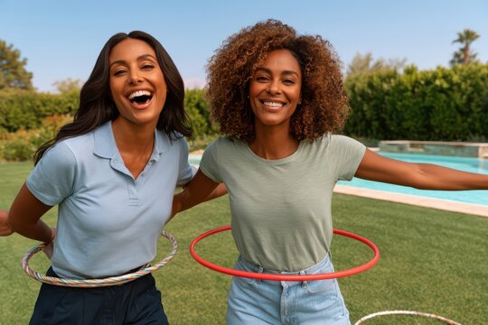 Two friends hula hooping and laughing together in a sunny backyard by the pool