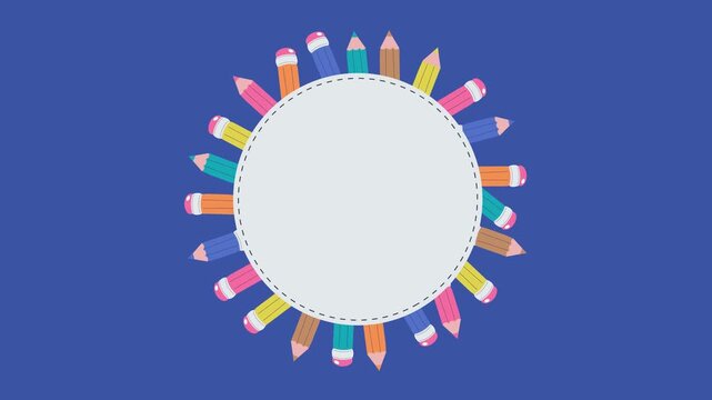 Colorful pencils circle frame animation rotating on blue background for educational school supply concept.