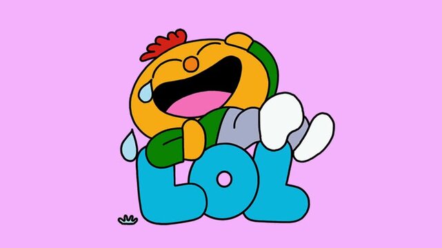 Cartoon character laughing hysterically on blue lol text with pink background in dynamic 2d animation clip.