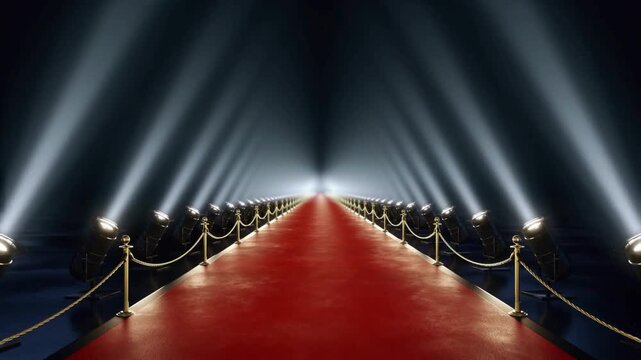 Red carpet entrance with spotlights and velvet rope barriers in dark luxury venue for cinematic gala event.