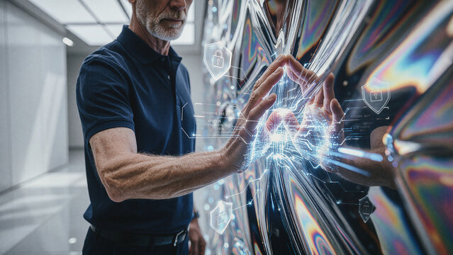 Man touches an illuminated digital interface mounted on a reflective metallic surface within a modern corridor. Glowing blue security icons float over the iridescent textured panel.