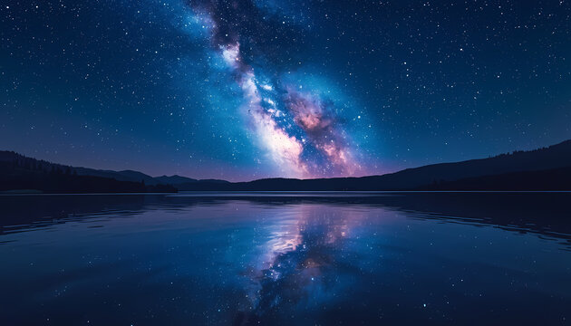 Calm lake surface at night reflecting vibrant Milky Way stars across tranquil water creating serene natural landscape and breathtaking cosmic atmosphere