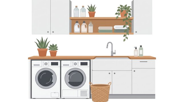 A modern laundry room featuring washing machine, dryer, sink, cabinets, shelves, detergent, and houseplants on white background.