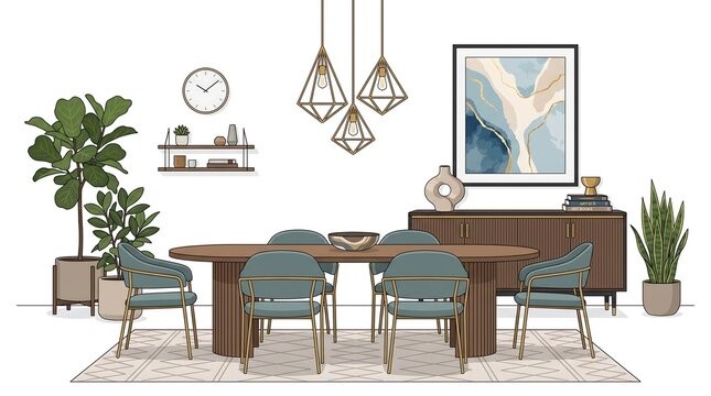 A modern dining room interior featuring an oval wooden table, teal chairs, credenza, pendant lights, and plants.