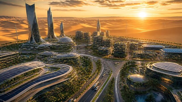 Futuristic Self-Sustaining Smart City in the Desert with Solar-Powered Architecture and Autonomous Transportation at Golden Sunset