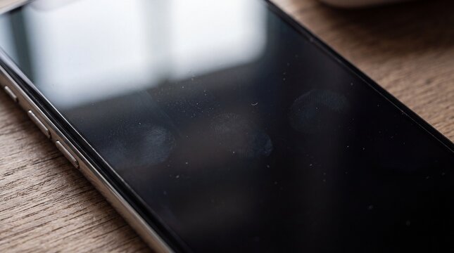 Close-up of a smartphone screen with visible fingerprints