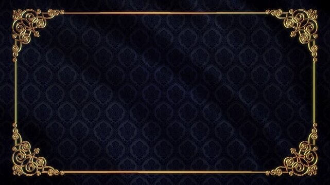 Ornate gold border frame on navy blue damask fabric background with subtle waving motion cinematic footage.