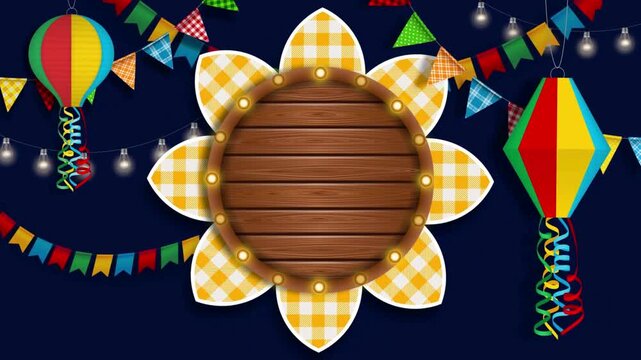 Festa junina brazil festival background with wooden sunflower sign and colorful flags for seasonal events.