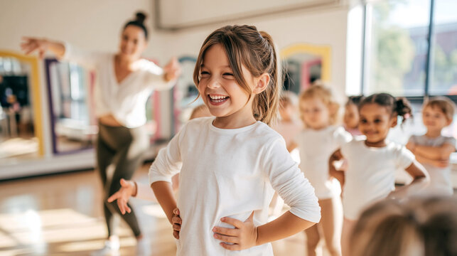Happy little girl laughing during a fun dance class with her instructor and diverse children group