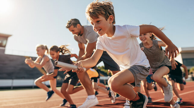 Group of children running a relay race on an athletics track, passing baton with a coach supervising them