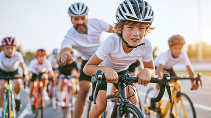 Fototapeta premium Boy cyclist leading group with adult coach cheering, showing speed, determination, and fitness in a race