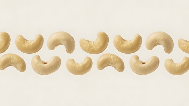 Roasted cashew nuts arranged in a neat horizontal pattern against a soft light cream background for simple food commercial photography