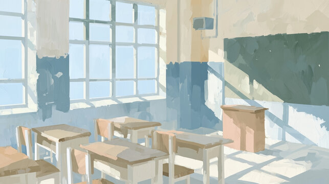 An oil painting illustration of a bright school classroom bathed in sunlight / 太陽光の差し込む明るい学校の教室の油彩イラスト