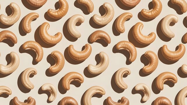 Roasted cashew nuts arranged in a repetitive pattern on light beige background creating modern minimalist aesthetic with soft sunlight shadows
