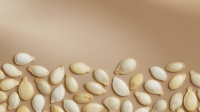 Dried pumpkin seeds scattered across a smooth beige surface create a minimalist seasonal food background with soft natural top lighting