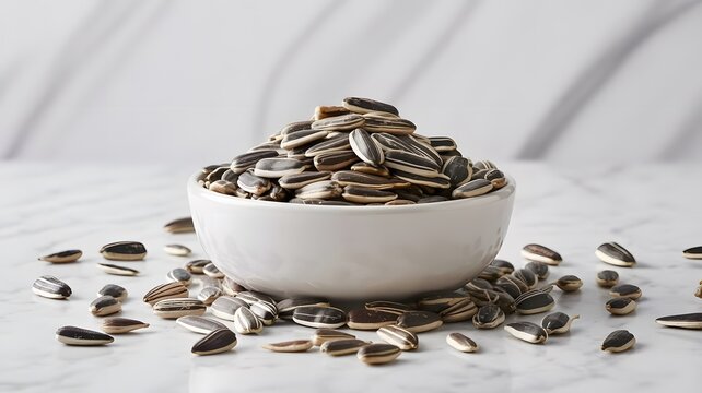 Sunflower seeds piled high inside small white ceramic bowl on elegant marble surface under bright natural soft diffused studio light