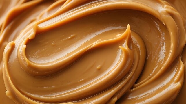 Smooth creamy peanut butter swirls capturing delicate textures with rich golden brown colors in a macro close up food shot