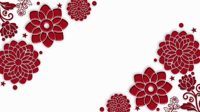 Red floral paper cut style frames with shimmering silver glitter outlines on white background motion clip.